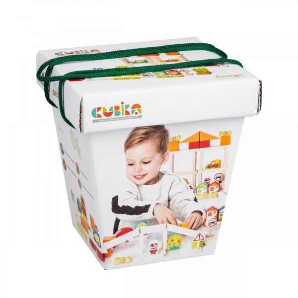 Cubika set constructii din lemn pentru baieti cu piese colorate