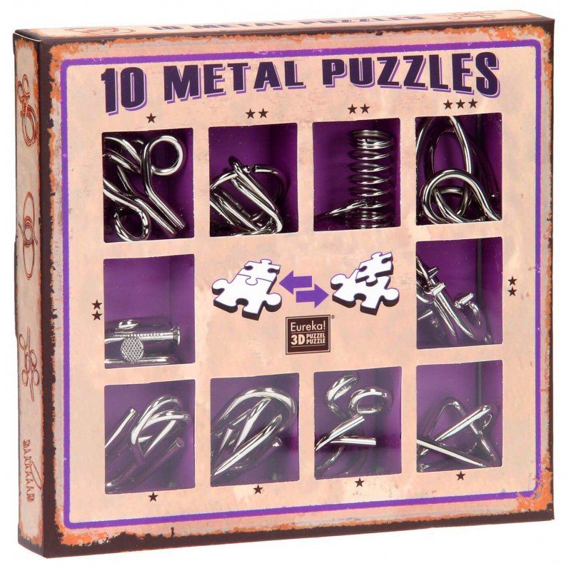Eureka Set 10 Puzzle-uri 3D Metal 3 Niveluri Dificultate - Provocare Intelectuala