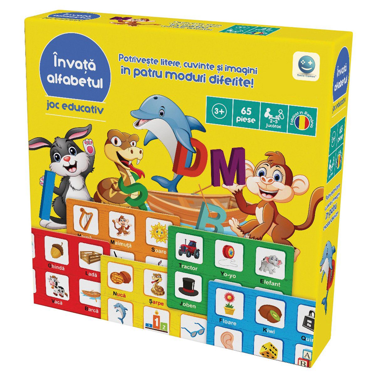 Joc Smile Games Invata Alfabetul cu Cartonase Ilustrate si Planse de Potrivit