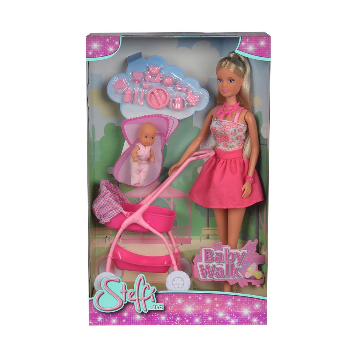 Papusa Steffi Love Bebe in Carucior Roz cu Set Parc Adventur