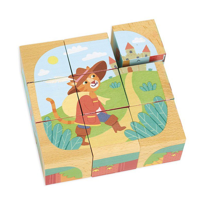 Puzzle Cuburi Lemn Vilac Motiv Poveste Motanul Incaltat - Jucarie Educativa Dezvoltare Dexteritate