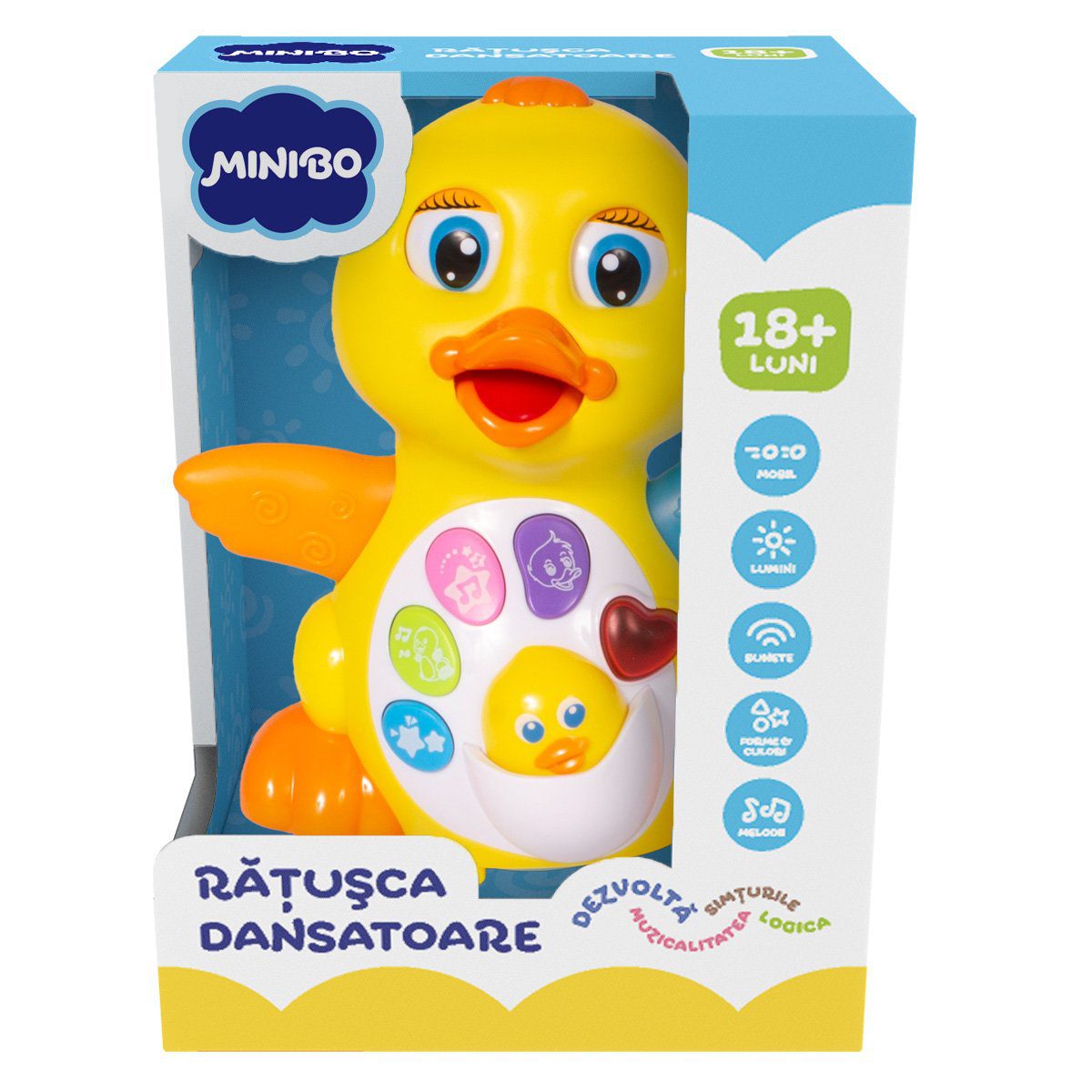 Ratusca dansatoare Minibo cu rotile si melodii interactive pentru bebelusi