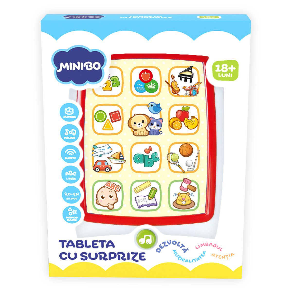 Tableta educativa Minibo cu 9 butoane interactive pentru bebelusi 1+ an