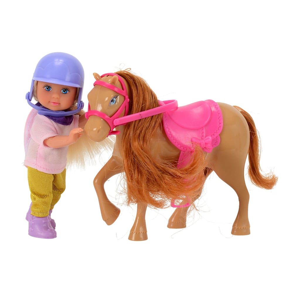 Papusa Evi Love Costum Echitatie Roz cu Ponei si Casca Mov