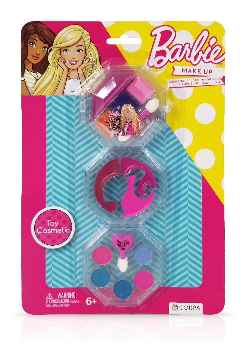 Trusa Makeup Barbie rotunda 3 niveluri cu farduri si luciu buze